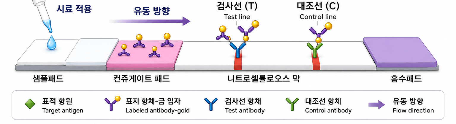 샘플패드, 컨쥬게이트 패드, 검사선 T, 대조선 C, 니트로셀룰로오스 막과 흡수패드로 구성된 측면유동면역발색법 구조