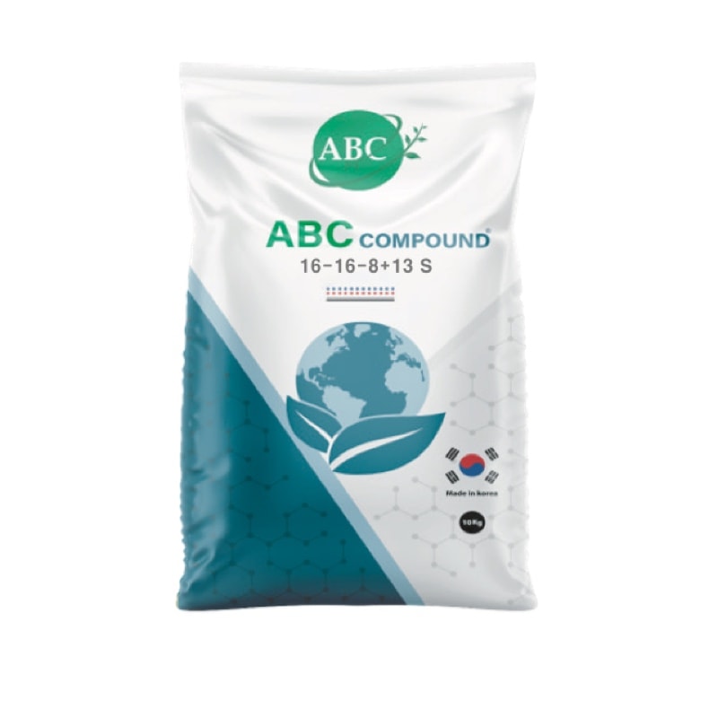 ABC Compound (16-16-8+13S) fertilizer package shown in the English product catalog